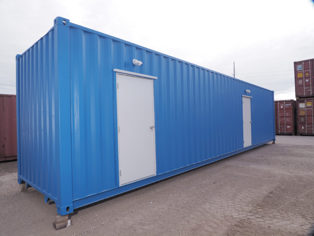 wide view of blue container with bathroom doors