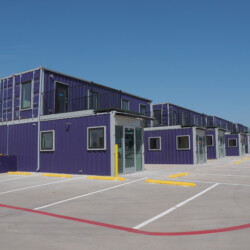 wide view of purple containers